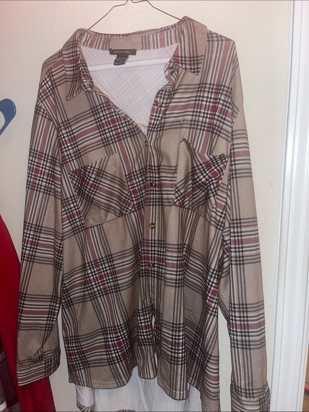 Neutral Plaid Button-Up Shirt in Beige and Burgundy